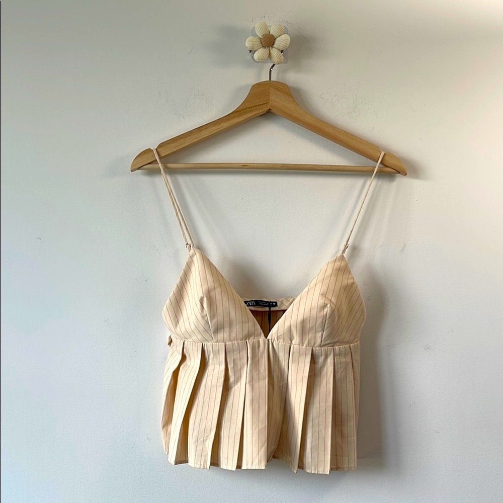 Zara Cream Pleated Camisole with Spaghetti Straps